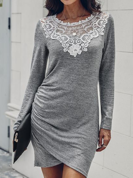 

Long sleeved round neck plain colorless patterned patchwork Lace Waist closing fit daily basic dress Plus Size, Gray, Formal Dresses