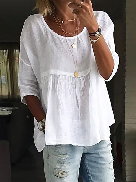 

Solid Casual Round Neck Loose Cotton Blends Shirts & Tops, White, T-Shirts