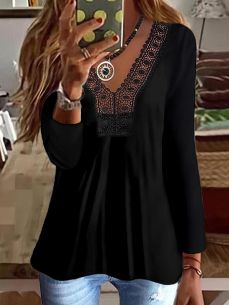 

Solid Chiffon Lace V-Neck Long Sleeves Casual Blouses, Black, Long sleeve tops