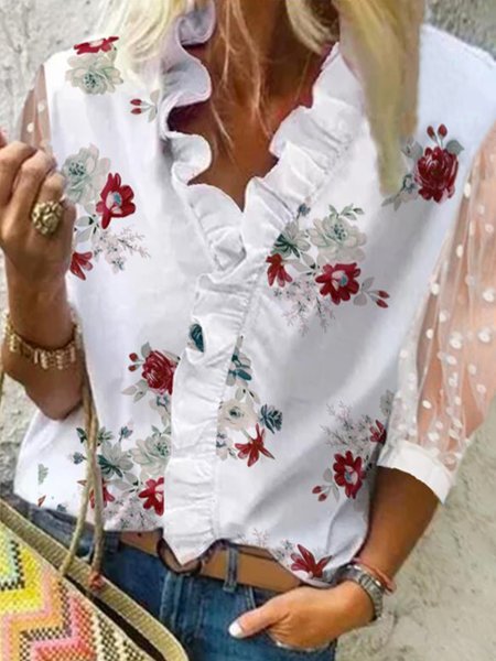 

Mesh 3/4 Sleeve Floral Flouncing V Neck Plus Size Casual Tops, White, Tops