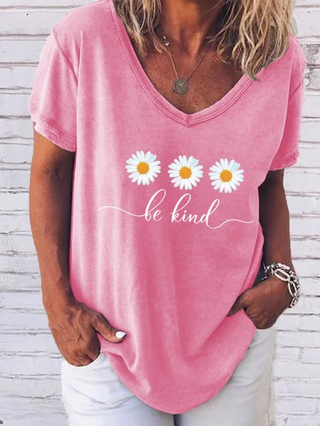 

Be Kind Flower Daisy V Neck Boho Floral Short sleeve Top, Pink, T-shirts