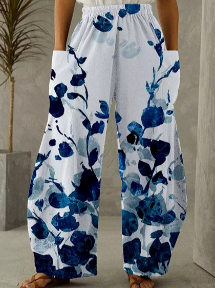 

Loosen Leaves Cotton Blends Pants, White, Pants