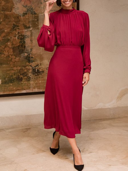 Elegant Regular Fit Stand Collar Midi Dress, Red, Maxi Dresses