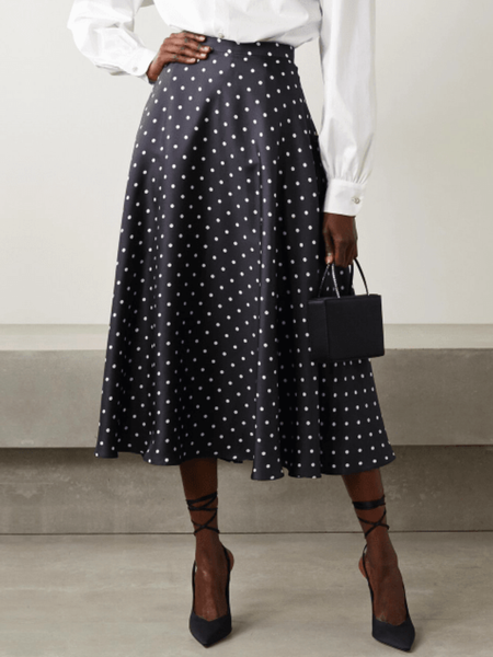 

Spring A LineA Polka Dots Zipper fly Polka Dots Long skirt, Black, Midi Skirts
