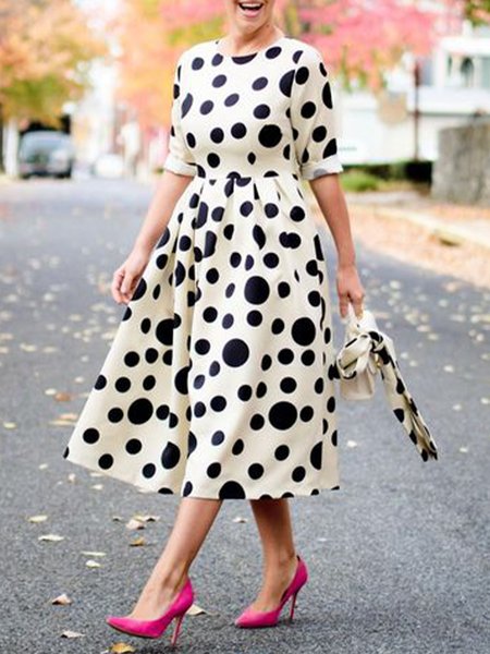 

Crew Neck Elegant Polka Dots Dress, Black, Maxi Dresses