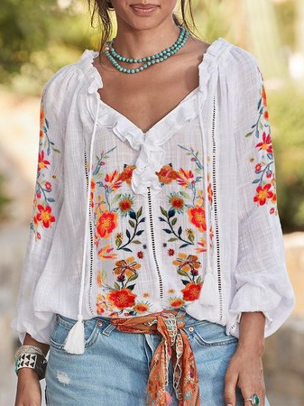 

Vacation Floral Loosen Shirts & Tops, White, Long sleeve tops