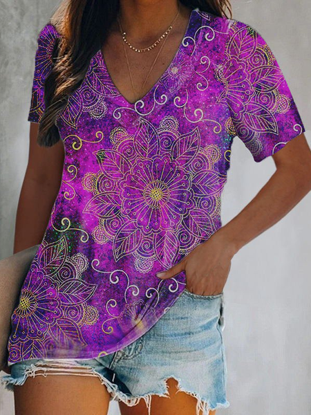 

Paisley Regular Fit Casual Vacation V neck Shirts & Tops, Purple, T-Shirts