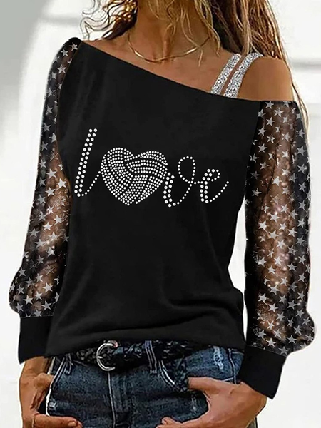

Sheer Mesh Star Heart Print Lantern Sleeve Top, Black, Long sleeve tops