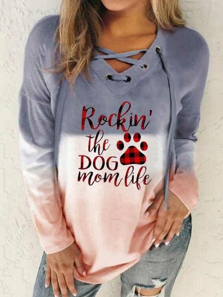 

Letters Long Sleeves Cross Lace-up V Neck Plus Size Casual Tops, Multicolor, Hoodies & Sweatshirts