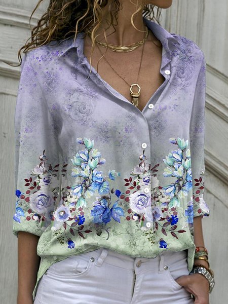 

Shirt Collar Boho Romantic Floral Loosen Shirts & Tops, Flower, Blouses & Shirts