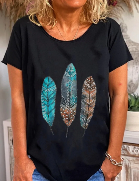 

Basic ethnic blouse with colorful feather pattern round neck Loosen Feather Crew Neck Shirts & Tops, Black, T-Shirts