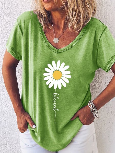

Be Kind Flower Daisy V Neck Boho Floral Short sleeve tops, Green, T-shirts
