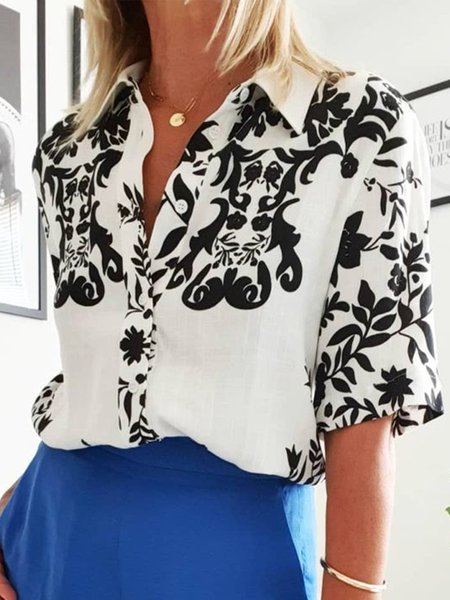 

Vintage Floral Half Sleeve Lapel Shirts & Tops, Black-white, Shirts & Blouses