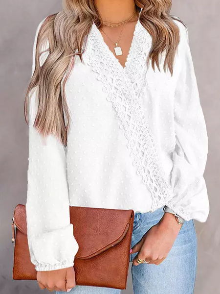 

Lace Dotted Swiss Wrap Blouse - White, Long sleeve tops