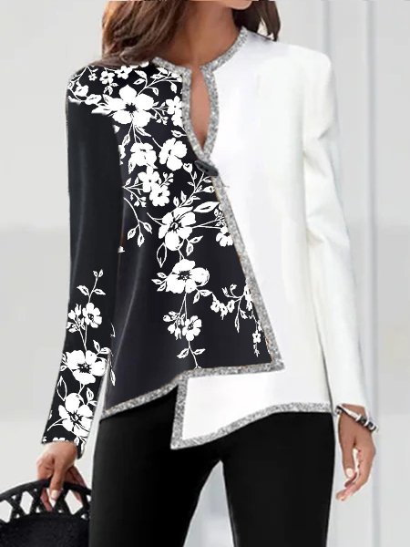 

Blingbling Notched Floral Irregular Shirts & Tops, Black-white, Long sleeve tops