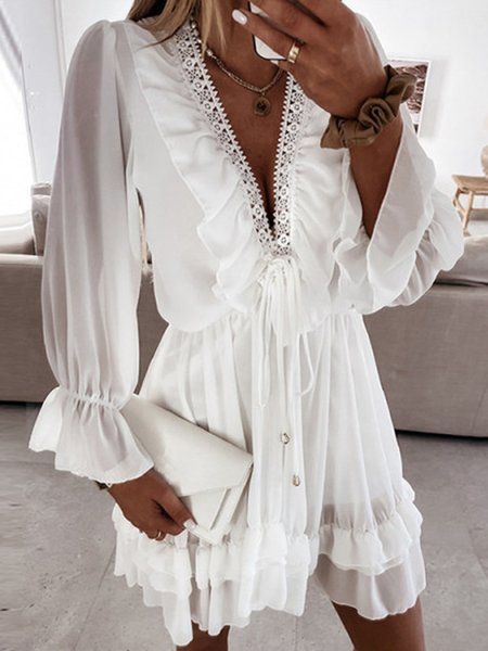 

Casual Guipure binding Chiffon Dresses, White, Boho dresses