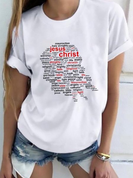 

Letter Print Casual Round Neck Short Sleeve T-Shirts, White, Tees & T-shirts