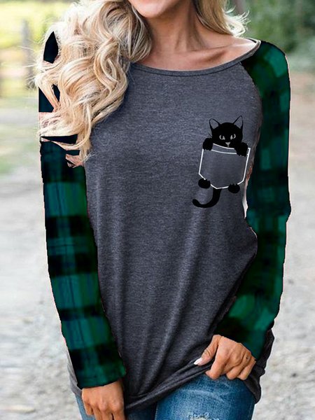 

Plaid Sleeve Cat Pocket Design Spring Casual Comfortable Ladies Top, Multicolor, Long sleeve tops
