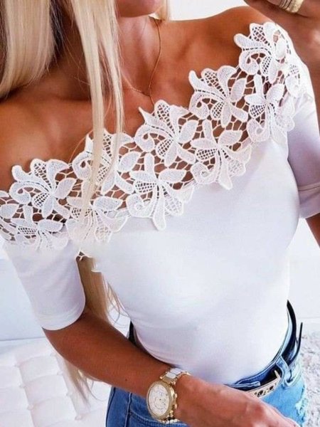 

Short Sleeve Casual Plain Shirts & Tops, White, T-Shirts