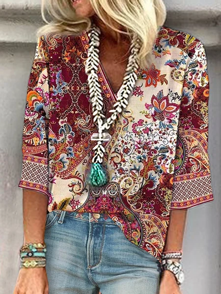 

Floral Loosen Vacation Paisley Shirts & Tops, Red, Long sleeve tops
