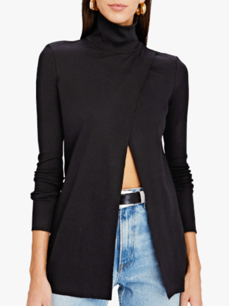 

Spring High Neck Elegant Daily Mid-weight Lightweight Tops, Black, Tees