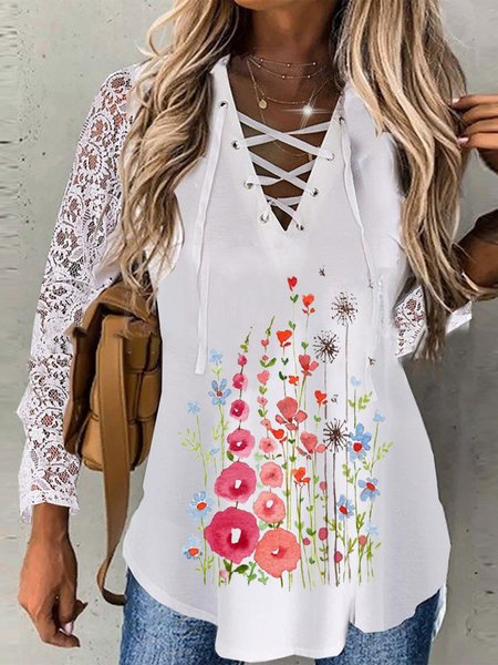 

Floral Printed Lace V Neck Casual Loosen Shirts & Tops, White, Blouses & Shirts