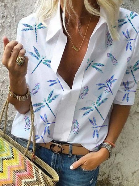 

Dragonfly Casual Lapel Shirts & Tops, White, Blouses & Shirts