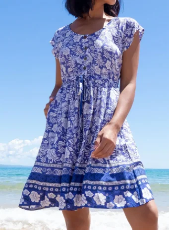 

Floral Cotton Blends Regular Fit Scoop Neckline Casual Vacation Dresses, Blue, Mini Dresses