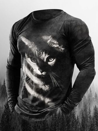 

Casual 3D Digital Abstract Cat Print Long Sleeve T-Shirt, T-shirt