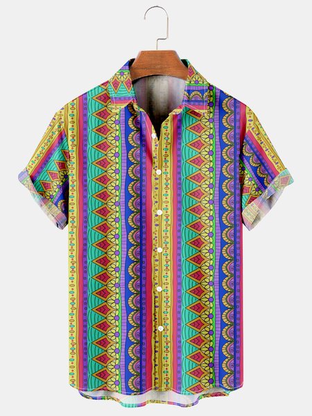 

Casual Art Collection Striped Geometric Color Block Pattern Lapel Short Sleeve Shirt Print Top, Multicolor, Men's Floral shirt