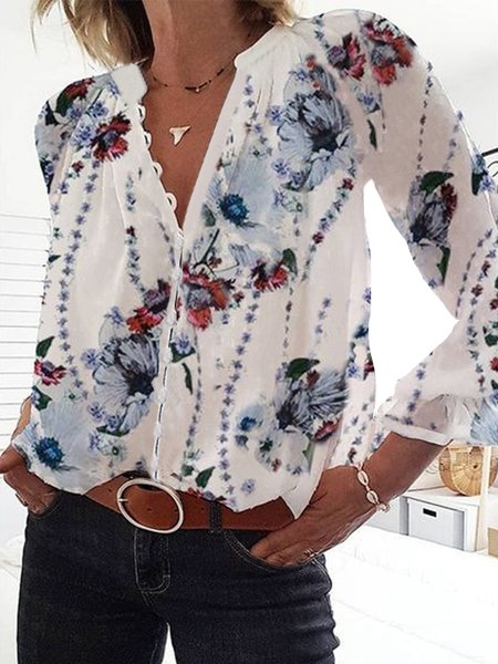

Floral Pattern Long Sleeves V Neck Buttoned Plus Size Casual Shirt Tops, Multicolor, Blouses & Shirts