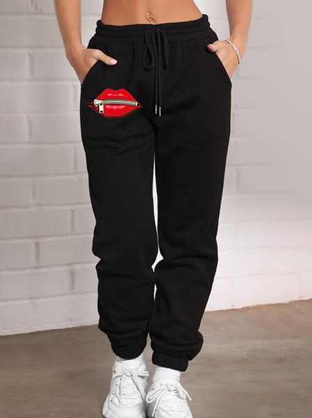 

Pocket Design Lip Print Drawstring Sweatpants, Black, Pants