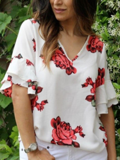 

Red floral elegant double layer ruffled sleeve T-shirt Vacation Floral Shirts & Tops, White, T-Shirts