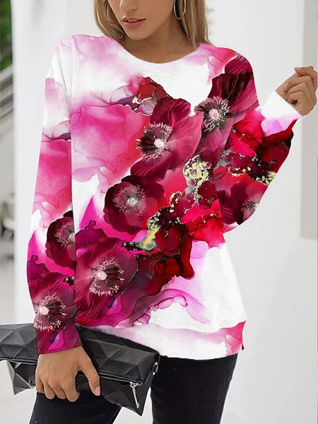 

Casual Long Sleeve Round Neck Straight Pink Gradient Floral Top, Long sleeve tops