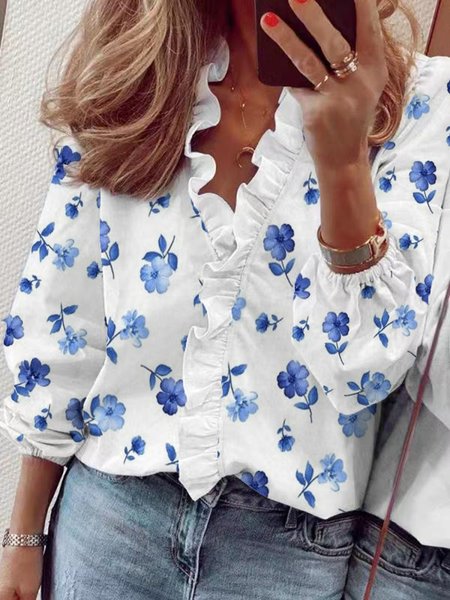 

Floral V Neck Casual Long Sleeve Long sleeve tops, White, Tops