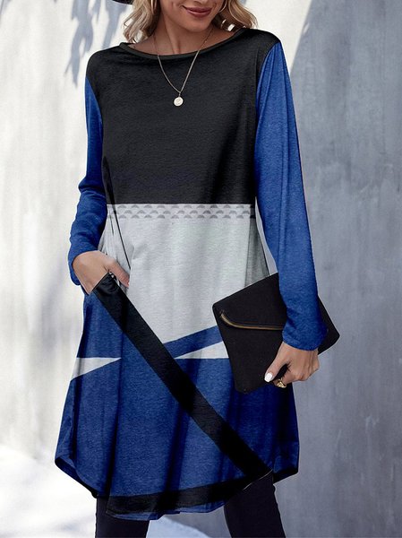 

Color Block Geometric Crew Neck Casual Loosen Dresses, Blue, Casual Dresses