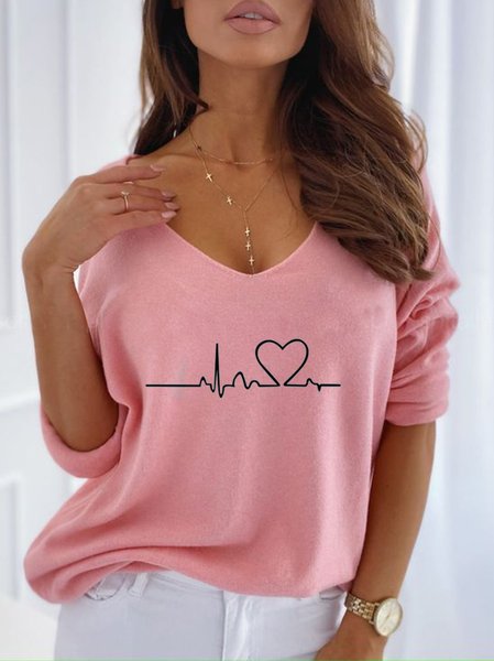 

Heart V Neck Long sleeve Casual Shirts & Tops, Pink, T-Shirts