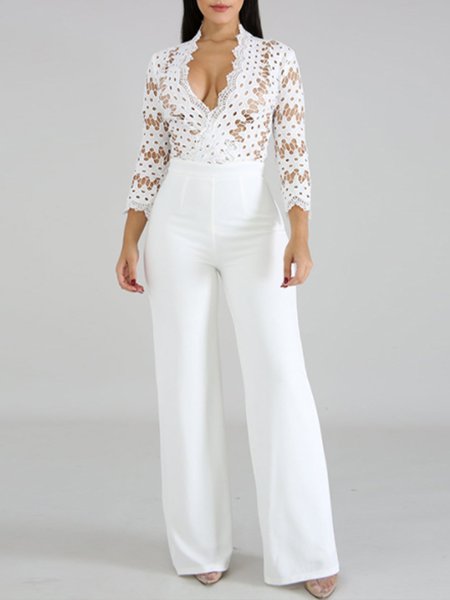 

Slim Fit V Neck Patchwork Eyelet Elegant One-Pieces Jumpsuit, White, Jumpsuits
