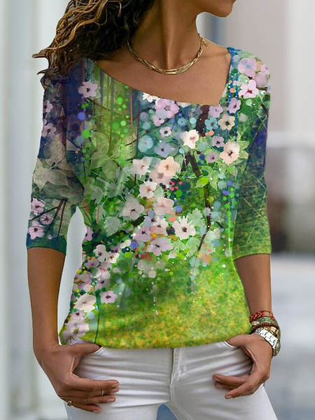 

Casual Vacation Floral Asymmetrical Neck Cotton Blends Shirts & Tops, Green, Long sleeve tops