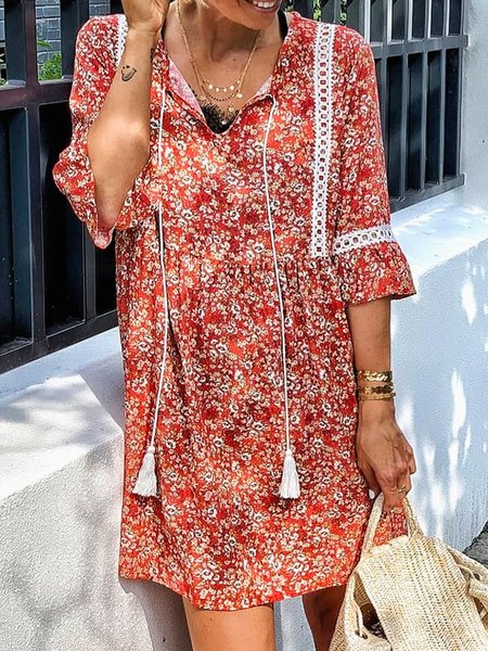 

Floral Boho Loosen Dresses, As picture, Mini Dresses