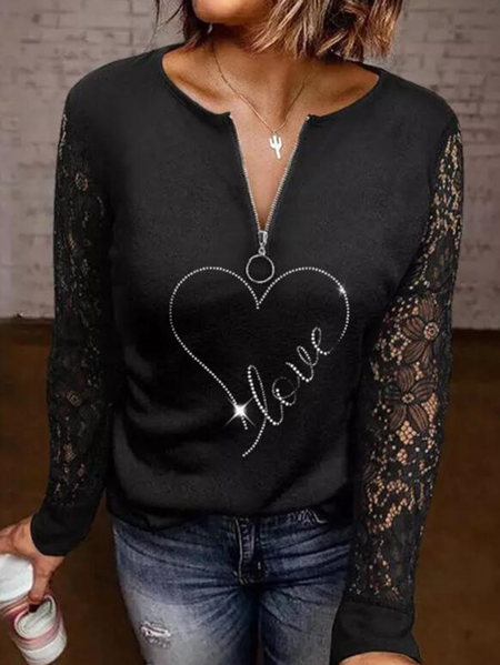 

Print Heart Lace V-Neck Long Sleeves Casual Blouses, Black, Long sleeve tops