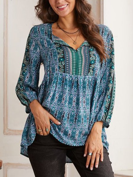 

Printed V Neck Loosen Shirts & Tops, Blue, Long sleeve tops