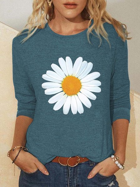 

Daisy Flower Loosen Crew Neck Casual Long sleeve Top, Green, Long sleeves