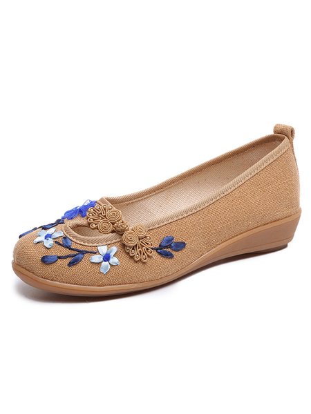 

Vintage Cotton And Linen Floral Embroidered Wedge Shoes, Khaki, Flat & Loafers