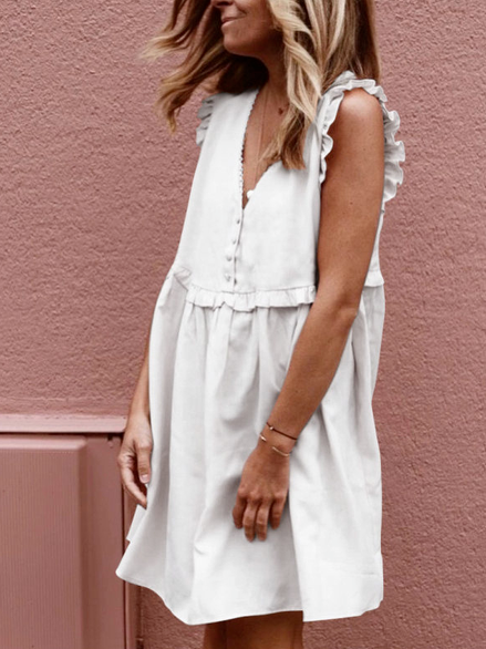

V Neck Casual Cotton Blends Dresses, White, Casual Dresses