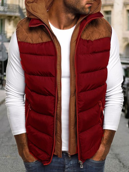 

Men's Thick Stitching Hooded Cotton Vest, Wine red, Jacket