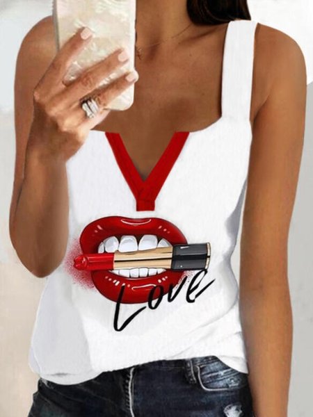 

Casual Sleeveless V Neck Plus Size Printed Vests, White, Tank Top
