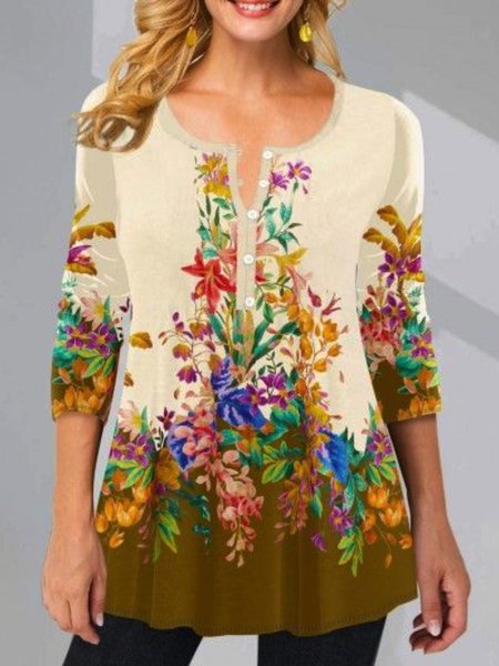 

Casual Three Quarter Plus Size Printed Tops, Yellow, Tops