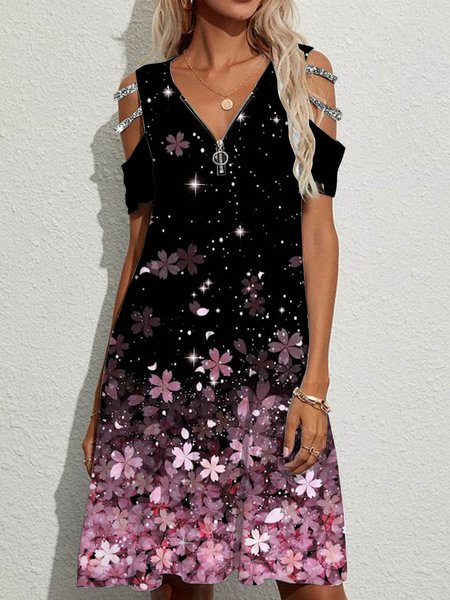 

Short sleeve V-neck geometric gradient flower zipper a-hem loose dress Plus Size Gliter Sequins, Black, Floral Dresses