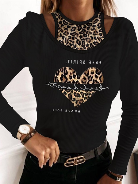 

Leopard Long sleeve Casual Shirts & Tops, Black, T-Shirts